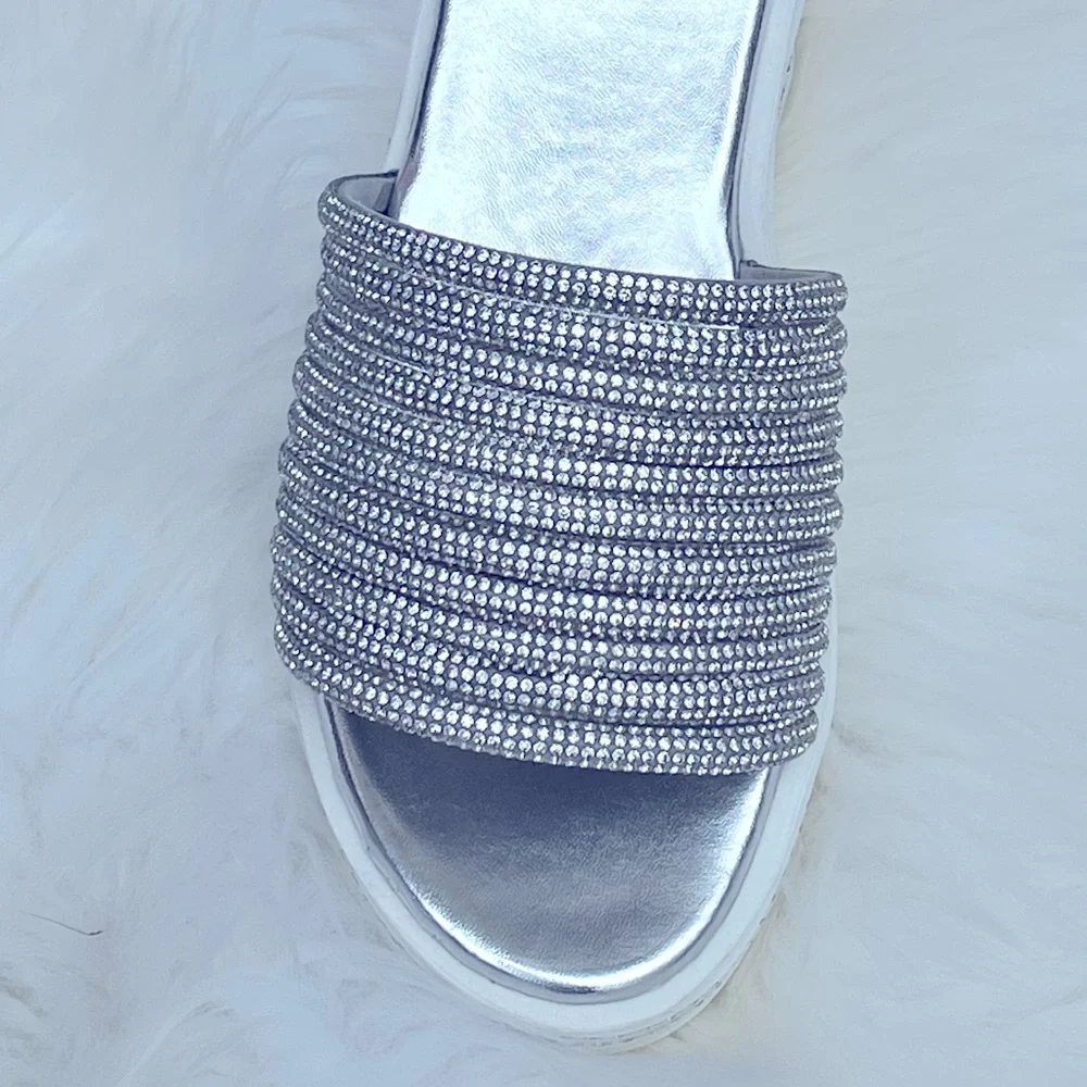 Restock! White Platform Silver Rhinestone Embellished Wedge Slide-In Sandals - Picture 3 of 12